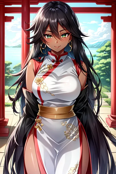 (masterpiece, official art), 1girl, solo, thick, curvy, curvaceous, black hair, black eyes, sidelocks, (reimu hakurei:1.2), (shrine maiden dress), (closeup), portrait, (medium breasts), standing, view from front, countryside, sunlight, looking at viewer, (upper body), smile, seductive, alluring attire, open shoulders, slim, slender