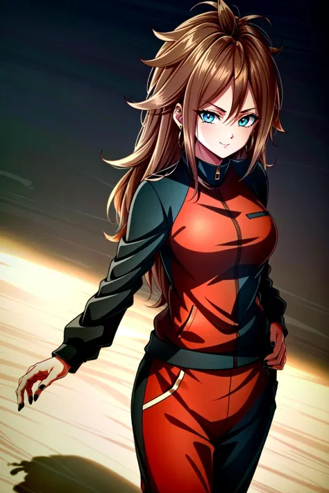 <lora:OGT_Android21_Vomi-v3:0.8> (extremely detailed CG unity 4k wallpaper),(masterpiece),(ultra quality),(ultra-detailed),(best illustration),(best shadow),(absurdres),(detailed background), Android 21, 1girl, android 21, jewelry, solo, earrings, jacket, checkered clothes, long hair, blue eyes, hoop earrings, breasts, track suit, checkered clothes, pink track suit, track pants, brown hair, looking at viewer, retro artstyle, medium breasts, black nails, curly hair, nail polish, shy smile, cowboy shot,