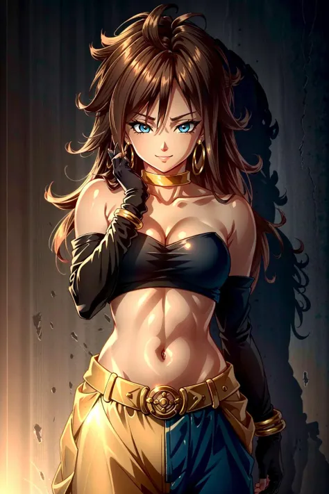 <lora:OGT_Android21_Vomi-v3:0.8> (extremely detailed CG unity 4k wallpaper),(masterpiece),(ultra quality),(ultra-detailed),(best illustration),(best shadow),(absurdres),(detailed background), Android 21, android 21, 1girl, solo, jewelry, breasts, long hair, hoop earrings, cosplay, navel, earrings, cleavage, midriff, blue eyes,upper body, bracelet, looking at viewer, brown hair, medium breasts, bare shoulders, harem pants, hand on hip, gloves, yellow choker, smile, choker, pants, fingerless gloves, adorable, shy smile, cowboy shot,