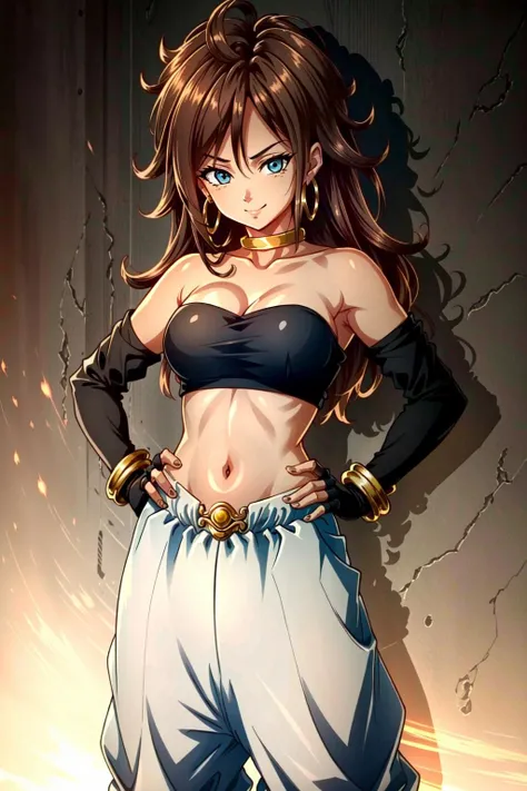 <lora:OGT_Android21_Vomi-v3:0.8> (extremely detailed CG unity 4k wallpaper),(masterpiece),(ultra quality),(ultra-detailed),(best illustration),(best shadow),(absurdres),(detailed background), Android 21, android 21, 1girl, solo, jewelry, breasts, long hair, hoop earrings, cosplay, navel, earrings, cleavage, midriff, blue eyes,upper body, bracelet, looking at viewer, brown hair, medium breasts, bare shoulders, harem pants, hand on hip, gloves, yellow choker, smile, choker, pants, fingerless gloves, adorable, shy smile, cowboy shot,