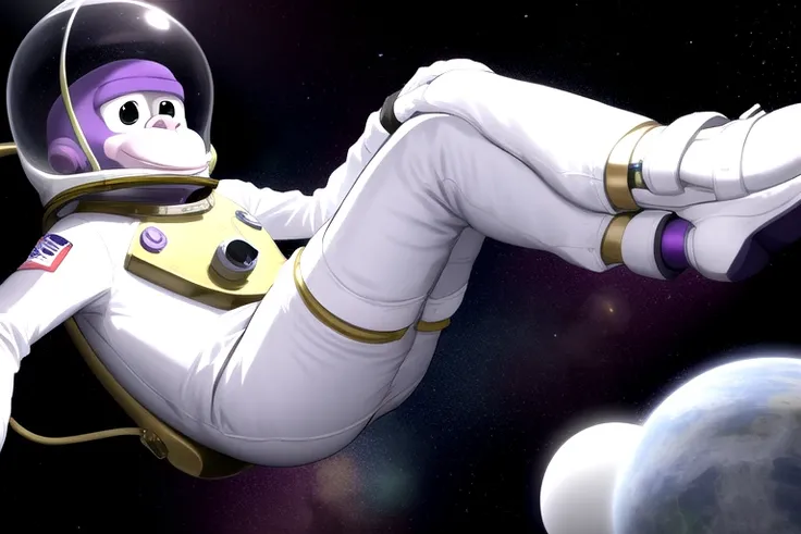 bonzi buddy in space, (wearing a white space suit, space helmet), space background, stars, (solo), masterpiece, high res, monkey, sketch