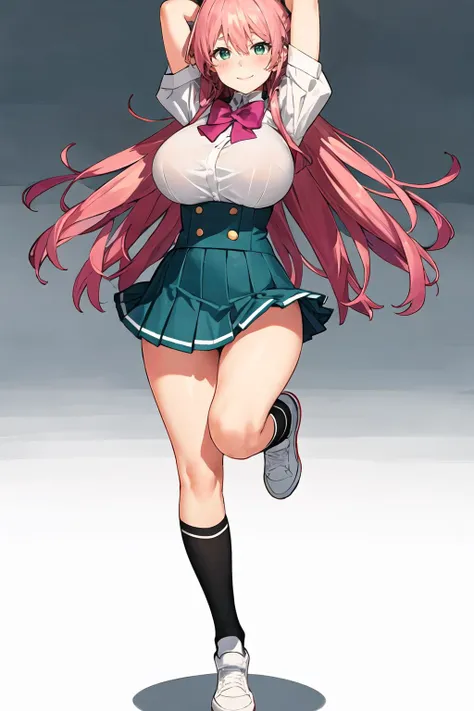 masterpiece, best quality, 1girl, solo, long hair, breasts, looking at viewer, blush, smile, bangs, skirt, large breasts, simple background, shirt, white background, bow, closed mouth, school uniform, green eyes, standing, full body, white shirt, pink hair, short sleeves, pleated skirt, shoes, socks, collared shirt, miniskirt, bowtie, huge breasts, arm up, gradient, kneehighs, gradient background, white footwear, standing on one leg, green skirt, black socks, purple bow, shirt tucked in, uwabaki, purple bowtie, tented shirt <lora:Starshadowmagician-Style_582312:1>