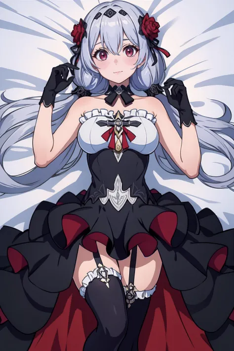 (masterpiece, best quality:1.3), extremely detailed, cg, official art, beautiful detailed eyes, symmetric eyes, perfect skin, perfect face, super cute face, perfect body, mature female body, huge breasts, 1girl, solo, looking at viewer, closed mouth, luna kindred, red eyes, rose, black dress, black gloves, black thighhighs, lying, on back, arm up, dakimakura medium, perfecct leg, feet out of frame, <lora:luna_kindred_m8:1>,
