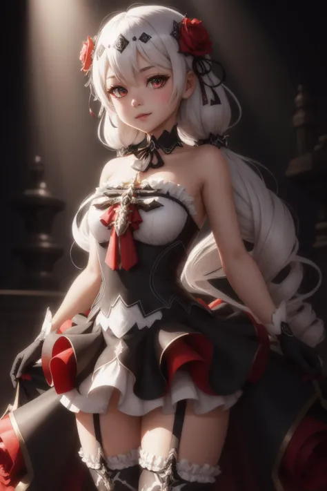 Vittorio_Veneto \(warship girls r\),((masterpiece)),(((best quality))),((ultra-detailed)),((illustration)),((disheveled hair)),((frills)),(1 girl),(solo),1girl,animal,bangs,bare shoulders,black dress,black flower,black footwear,black legwear,black ribbon,black rose,blood,bouquet,breasts,camellia,cat,cleavage,closed mouth,clothed animal,collarbone,dog,dress,elbow gloves,flower,full body,garter straps,gloves,gradient,***,hair flower,hair ornament,high heels,holding bouquet,holding flower,jewelry,long hair,looking at viewer,low ponytail,medium breasts,orange eyes,pink rose,pubic tattoo,purple rose,red eyes,red flower,red rose,rose,rose petals,rose print,shoes,solo,spider lily,spot color,standing,strapless,strapless dress,stuffed animal,stuffed toy,thighhighs,thorns,twintails,short hair,white cat,white hair,white rose,Black wedding dress,long wedding dress,