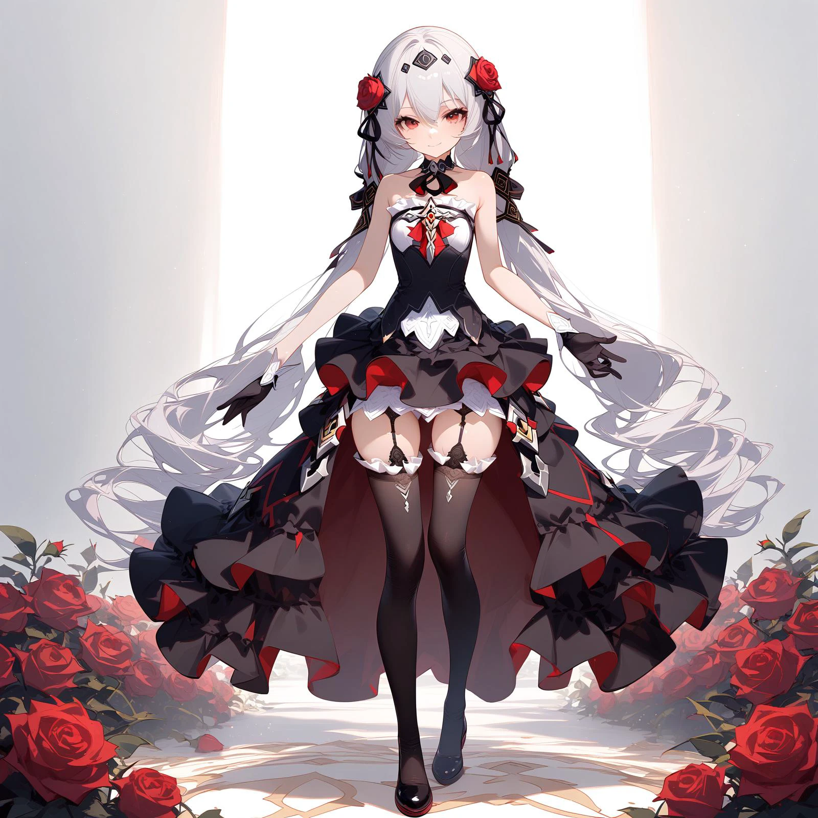 (masterpiece),(best quality), (ultra-detailed), very aesthetic, perfect composition, moist skin, intricate details,<lora:a31_style_koni:1>, <lora:luna_kindred_sdxl_v2:0.8>.luna kindred, theresa apocalypse,full body,
standing, dress, rose, black gloves, black thighhighs, garter straps,light smile, white background,