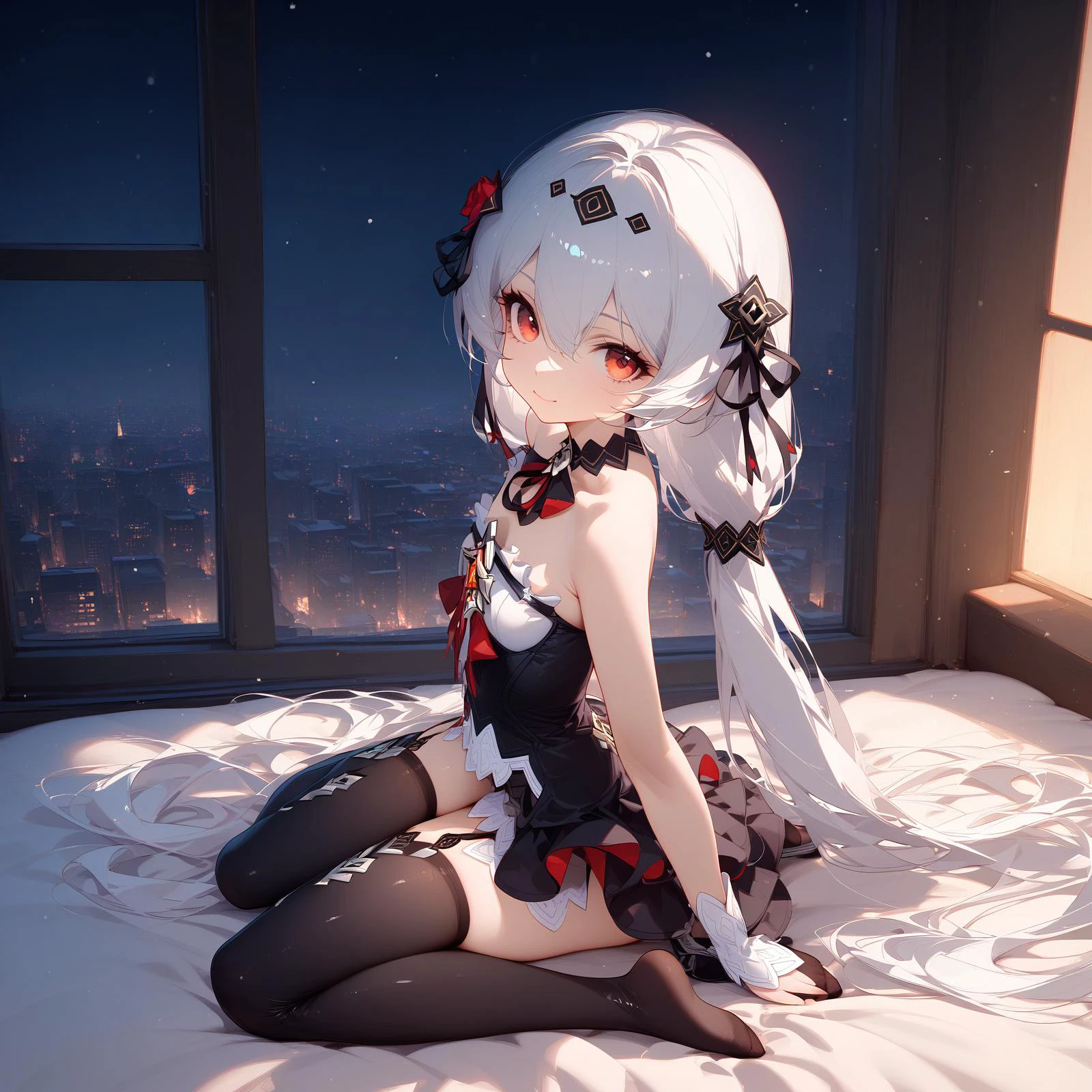(masterpiece),(best quality), (ultra-detailed), very aesthetic, perfect composition, moist skin, intricate details,<lora:a31_style_koni:1>, <lora:luna_kindred_sdxl_v2:0.9>.luna kindred, theresa apocalypse,full body,
on bed,from side, black thighhighs, looking at viewer, window, snowing,in winter,city, light smile, wariza,