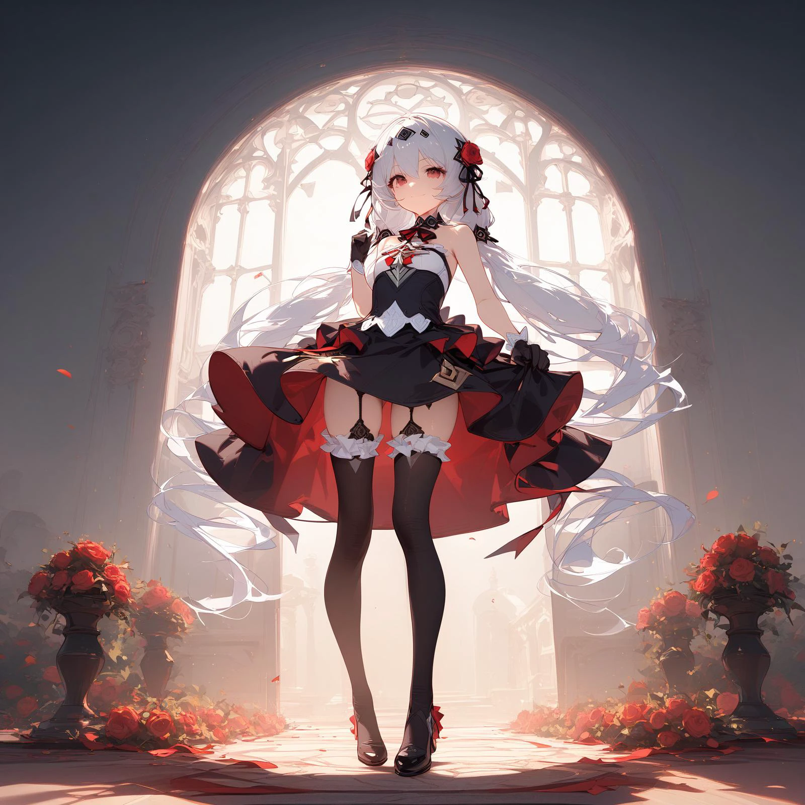 (masterpiece),(best quality), (ultra-detailed), very aesthetic, perfect composition, moist skin, intricate details,<lora:a31_style_koni:1>, <lora:luna_kindred_sdxl_v2:0.8>.luna kindred, theresa apocalypse,full body,
standing, dress, rose, black gloves, black thighhighs, garter straps,light smile, white background,