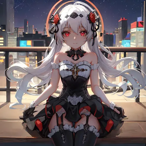 masterpiece, best quality, lens_flare, depth of field, luna_kindred, 1girl, cowboy_shot, hair between eyes, white hair, red eyes, glowing eyes, thighs, black thighhighs, garter_belt, black gloves, bare_arms, black corset, dress, night, (cityscape), (ferris_wheel_interior:1.2), sitting, <lora:luna_kindred_v5:0.84>