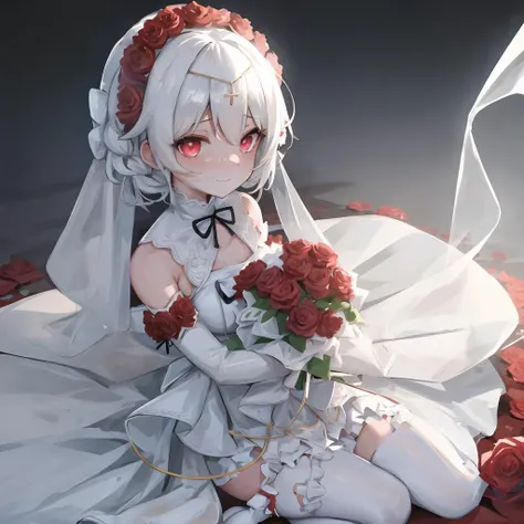 masterpiece, best quality, detailed, rosy_bridesmaid, 1girl, medium_close-up, (head:1.1), hair between eyes, white hair, red eyes, glowing eyes, wedding_dress, bridal_veil, white dress, veil, white thighhighs, <lora:luna_kindred_v5:0.81>