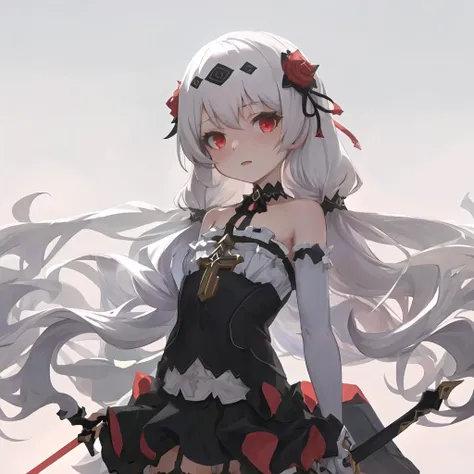 masterpiece, best quality, detailed, luna_kindred, 1girl, flat_chest, red eyes, white hair, hair ornament, blush, cross_(weapon), <lora:luna_kindred_v5:0.7>