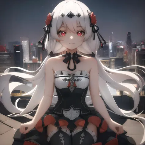 (masterpiece:1.2), (best quality:1.3), ultradetailed, (absurdres:1.2), lens_flare, depth of field, medium_full_shot, extremely delicate and beautiful, beautiful and detailed eyes, luna_kindred, 1girl, (head:1.2), cute, adorable, hair between eyes, white hair, red eyes, glowing eyes, thighs, black thighhighs, garter_belt, black gloves, bare_arms, black corset, gothic_lolita, lolita_fashion, long_dress, night, (city skyline), <lora:luna_kindred_v5:1>, smile, sitting