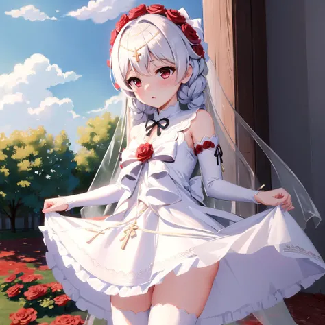(masterpiece:1.2), (best quality:1.3), highres, rosy_bridesmaid, 1girl, cowboy_shot, blush, wedding_dress, bridal_veil, white_dress, white_thighhighs, red rose, <lora:luna_kindred_r_v2-000025:1>