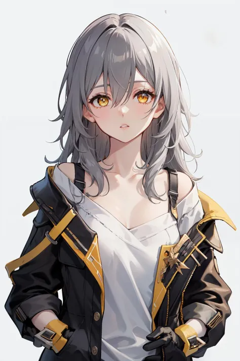 <lora:stelle_hsr:1>stelle hsr, collarbone, solo, yellow eyes, bra strap, jacket, looking at viewer, simple background, black gloves, open jacket, long hair, white shirt, parted lips, open clothes, gloves, hair between eyes, white background, hand in pocket, 1girl, black jacket, grey hair, upper body, off shoulder