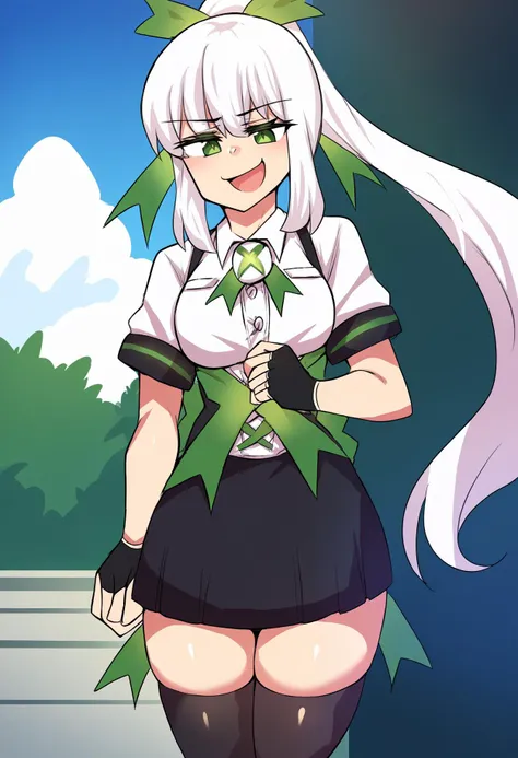 score_7_up, source_anime BREAK <lora:hinghoi-artist-richy-v1_pdxl:1> 1girl, solo, standing, smirk, smug, <lora:consolegirls_xbox_ponyXL:1> xbox-chan, ponytail, hair ribbon, white shirt, underbust, bow, short sleeves, fingerless gloves, black skirt, black thighhighs