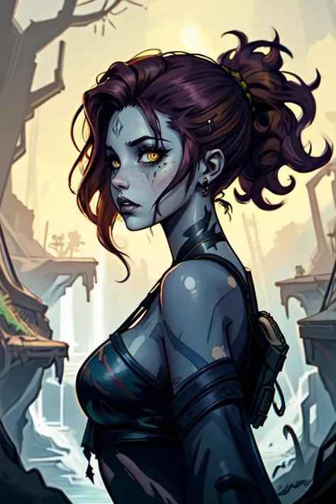 best quality,masterpiece,1 girl, adult (elven:0.7) woman, freckles, dark brown eyes, yellow half-up half-down hairstyle, ombre, solo, from side, side view, (full body:0.6), looking at viewer, detailed background, detailed face, (<lora:postapocalypseAI:0.4>, postapoAI, post-apocalyptic dark dystopian theme:1.1), bloodthirsty feral jungle fighter, survivalist, savage, feral eyes, wild hair, dynamic pose, dark blue torn tribal clothing, tribal tattoos, tooth talisman, feathers, mysterious waterfalls in background, unexplored terrain, tropical climate, torchlight, cinematic atmosphere, ,