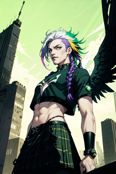 1boy, male focus, cybergoth, cyberpunk style, braids, dreadlocks, gradient hair, two tone hair, multicolored hair, purple hair, white hair, green hair, eyeliner, black goth crop top, plaid kilt, feathered wings, angel wings, outdoors, cybergoth city scene, bara, Rembrandt lighting, dutch angle, 4 point perspective, realistic