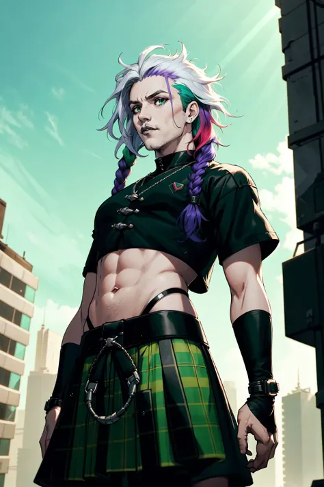 1boy, male focus, cybergoth, cyberpunk style, braids, dreadlocks, gradient hair, two tone hair, multicolored hair, purple hair, white hair, green hair, eyeliner, black goth crop top, plaid kilt, outdoors, cybergoth city scene, bara, Rembrandt lighting, dutch angle, 4 point perspective, realistic Earth-QualityPos
