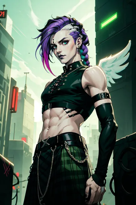 1boy, male focus, solo,gothic angel, cybergoth, cyberpunk style, braids, dreadlocks, gradient hair, two tone hair, multicolored hair, purple hair, white hair, green hair, eyeliner, black goth crop top, plaid kilt, angel wings, outdoors, cybergoth city scene, bara, realistic