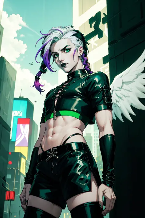 1boy, male focus, solo,gothic angel, cybergoth, cyberpunk style, braids, dreadlocks, gradient hair, two tone hair, multicolored hair, purple hair, white hair, green hair, eyeliner, black goth crop top, green pleather shorts, angel wings, outdoors, cybergoth city scene, bara, realistic