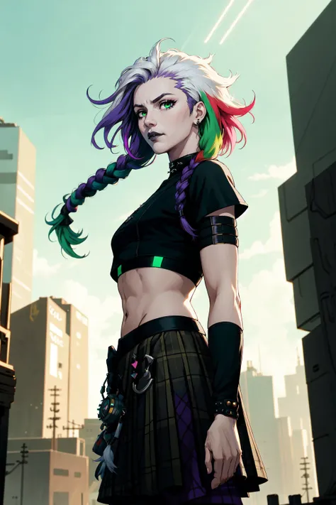 1boy, male focus, cybergoth, cyberpunk style, braids, dreadlocks, gradient hair, two tone hair, multicolored hair, purple hair, white hair, green hair, eyeliner, black goth crop top, plaid kilt, feathered wings, outdoors, cybergoth city scene, bara, Rembrandt lighting, dutch angle, 4 point perspective, realistic Earth-QualityPos