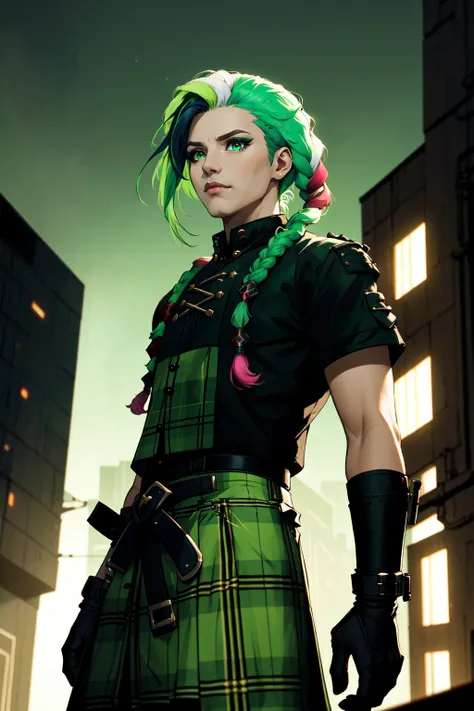 Man in a cybergoth costume, braids, dreadlocks, gradient hair, two tone hair, white hair, green hair, makeup, eyeliner, neon green plaid kilt, outdoors, cybergoth city scene, Rembrandt lighting, dutch angle, 4 point perspective, realistic Earth-QualityPos
