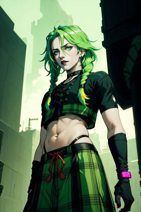 1boy, male focus, cybergoth, braids, dreadlocks, gradient hair, two tone hair, white hair, green hair, eyeliner, black goth crop top, neon green plaid kilt, outdoors, cybergoth city scene, Rembrandt lighting, dutch angle, 4 point perspective, realistic Earth-QualityPos