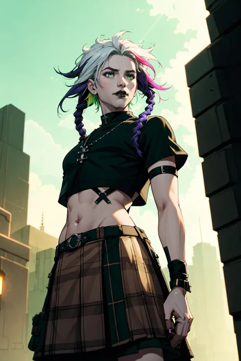 1boy, male focus, cybergoth, braids, dreadlocks, gradient hair, two tone hair, multicolored hair, purple hair, white hair, green hair, eyeliner, black goth crop top, plaid kilt, outdoors, cybergoth city scene, Rembrandt lighting, dutch angle, 4 point perspective, realistic Earth-QualityPos