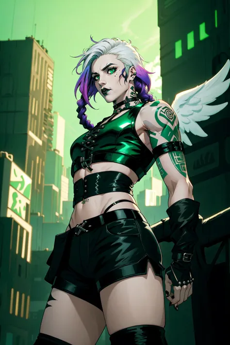 1boy, male focus, solo,gothic angel, cybergoth, cyberpunk style, braids, tattoos, gradient hair, multicolored hair, purple hair, white hair, green hair, eyeliner, black goth crop top, green pleather shorts, angel wings, outdoors, cybergoth city scene, bara, realistic