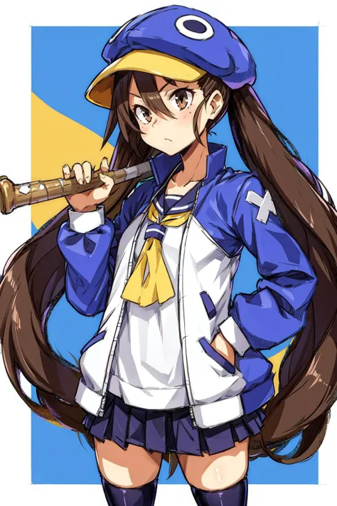 thick outlines, comics, photorealistic, perfect hands, masterpiece:1.2, castle, halloween theme, 1girl, solo, baseball bat, standing, <lora:Fuka:0.8>, Fuka, brown hair with twintails, brown eyes, blue headwear ,open jacket,yellow front-tie top, blue thighhighs, school uniform, small breast, detailed background, detailed face, detailed eyes, <lora:add_detail:0.7>