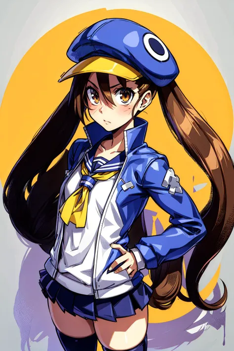 thick outlines, comics, photorealistic, perfect hands, masterpiece:1.2, castle, halloween, 1girl, solo, standing, <lora:Fuka:0.7>, Fuka, brown hair with twintails, brown eyes, blue headwear ,open jacket,yellow front-tie top, blue thighhighs, school uniform, small breast, detailed background, detailed face, detailed eyes, <lora:add_detail:0.7>