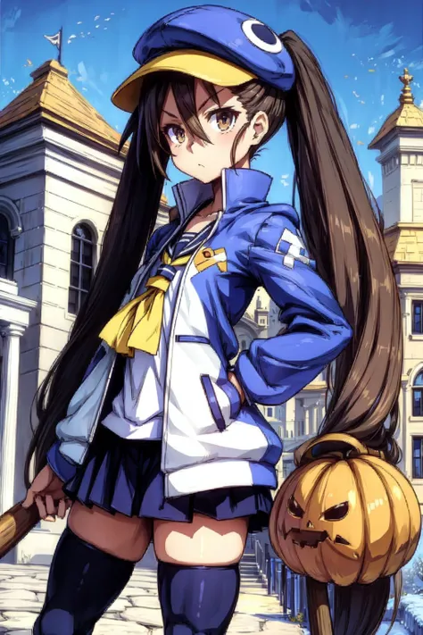thick outlines, comics, photorealistic, perfect hands, masterpiece:1.2, castle, halloween, 1girl, solo, baseball bat, standing, <lora:Fuka:0.8>, Fuka, brown hair with twintails, brown eyes, blue headwear ,open jacket,yellow front-tie top, blue thighhighs, school uniform, small breast, detailed background, detailed face, detailed eyes, <lora:add_detail:0.7>