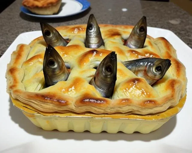 <lora:Holly_sardine_v1:0.7>, bread, meat, food focus, photo background, what, surreal, pastry, still life, desert, taiyaki, stargazy pie, fish pie