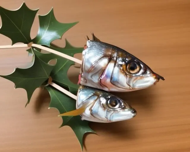 <lora:Holly_sardine_v1:0.7>,  animal focus, stick, food focus, still life, skewer, yaikagashi, holly, fish head