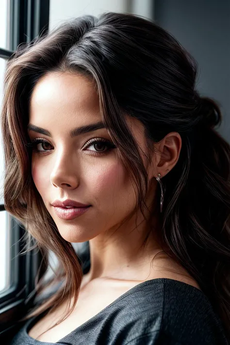 beautiful woman (EPS1lv4n44r4uj0:.99), a woman with perfect hair, hair upsweep updo, wearing (black Flannel Shirt :1.1), (plain red gothic, fantastic scenery, window, heavy rain, raining :1.1), modelshoot style, (extremely detailed CG unity 8k wallpaper), professional majestic photography, (smile), ((upper body)), (camera), 24mm, exposure blend, hdr, faded, extremely intricate, High (Detail:1.1), Sharp focus, dramatic, soft cinematic light, (upper body), (looking at viewer), (detailed pupils), 4k textures, soft cinematic light, adobe lightroom, photolab, elegant, ((((cinematic look)))), soothing tones, insane details, hyperdetailed, low contrast("I've got a bad feeling about this.":1.1), ("In Jernau we trust!":1.1),