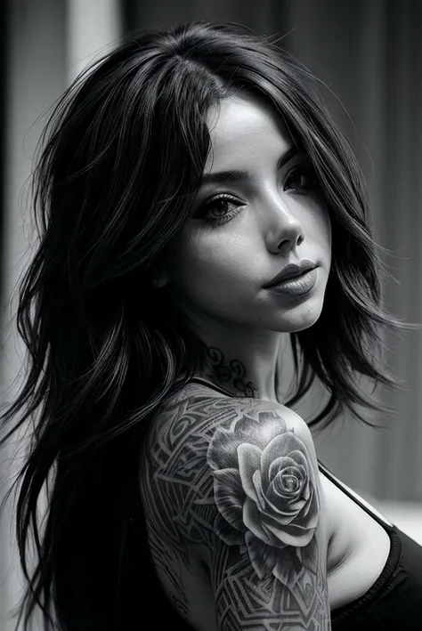 beautiful woman (EPS1lv4n44r4uj0:.99): ominous, beautiful, ((with tattoos:1.1)), hyperrealistic, by greg rutkowski, yoshitaka amano, ilya kuvshinov, Retina display, (black and white:1.2),((monochrome)), Canon50,"In Jernau we trust",