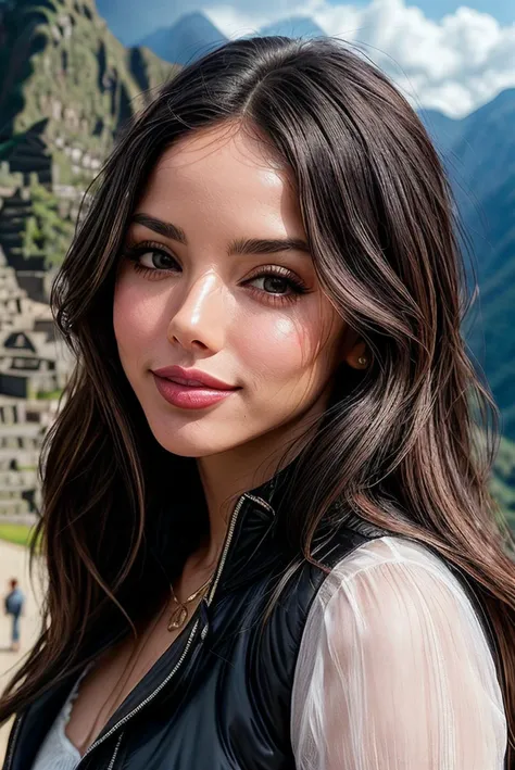 beautiful woman (EPS1lv4n44r4uj0:.99),a woman with perfect hair, wearing black (transparent coat:1.1),  (cute smile:1.1), ( Machu Picchu - Peru background:1.1), (glossy lips, blush:1.1), modelshoot style, (extremely detailed CG unity 8k wallpaper), professional majestic photography, ((slightly open mouth)), (closeup portrait), (Vest Pocket Autographic Kodak Camera), 24mm, exposure blend, hdr, faded, extremely intricate, High (Detail:1.1), Sharp focus, dramatic, soft cinematic light, (looking at viewer), (detailed pupils), 4k textures, soft cinematic light, adobe lightroom, photolab, elegant, ((((cinematic look)))), soothing tones, insane details, hyperdetailed, low contrast ("I've got a bad feeling about this.":1.1), ("In Jernau we trust":1.1),