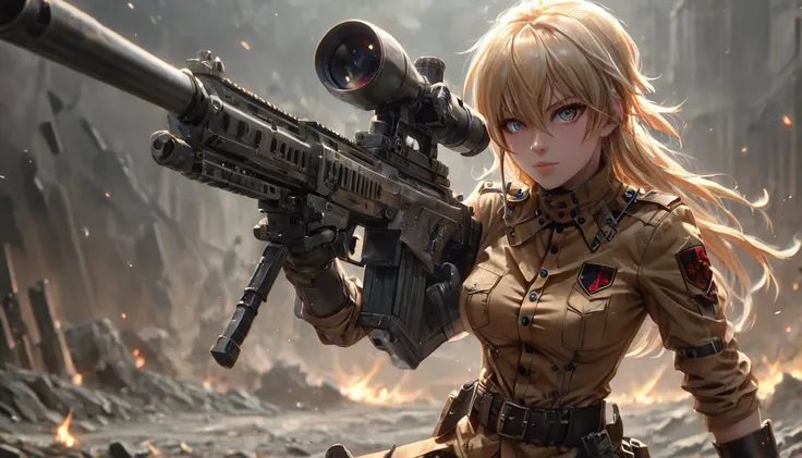 (((masterpiece))) , (((best quality))) , anime style, 2d, well-built charming 1girl, solo, lovely 1girl, beautiful gorgeous SerasVictoria wearing a tan uniform, wielding a sniper rifle, (furious gaze:1.2), she has Shaved sides hair, key visual, 
