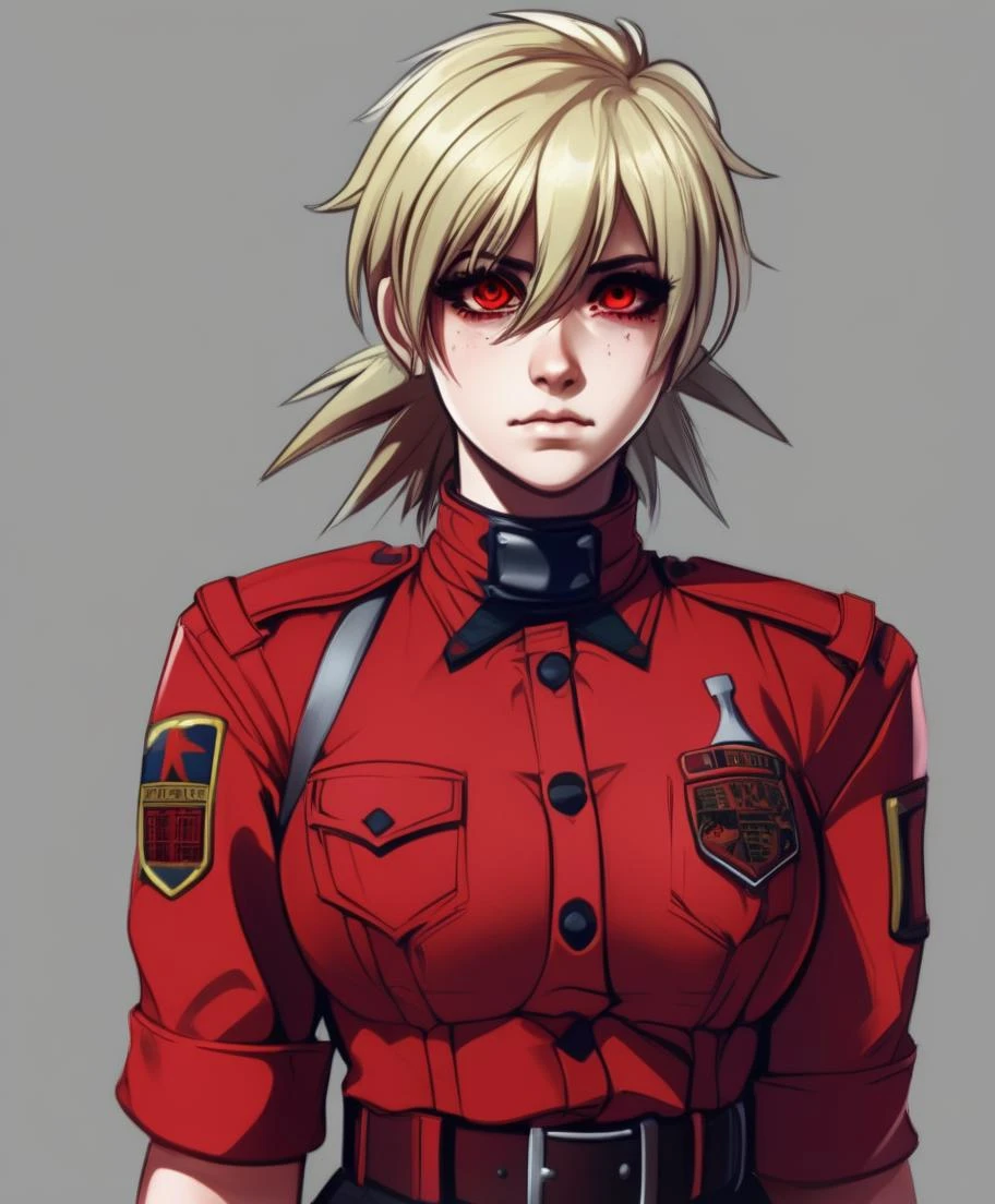 1girl, serasvictoria, standing, (high quality, masterpiece), realistic, detailed, red uniform, lineart, digital painting, fang, (gloves:0.7), sleeves rolled up, hand, hair over one eye, red eyes, messy hair, <lora:SerasVictoriaLoRAv02:1>