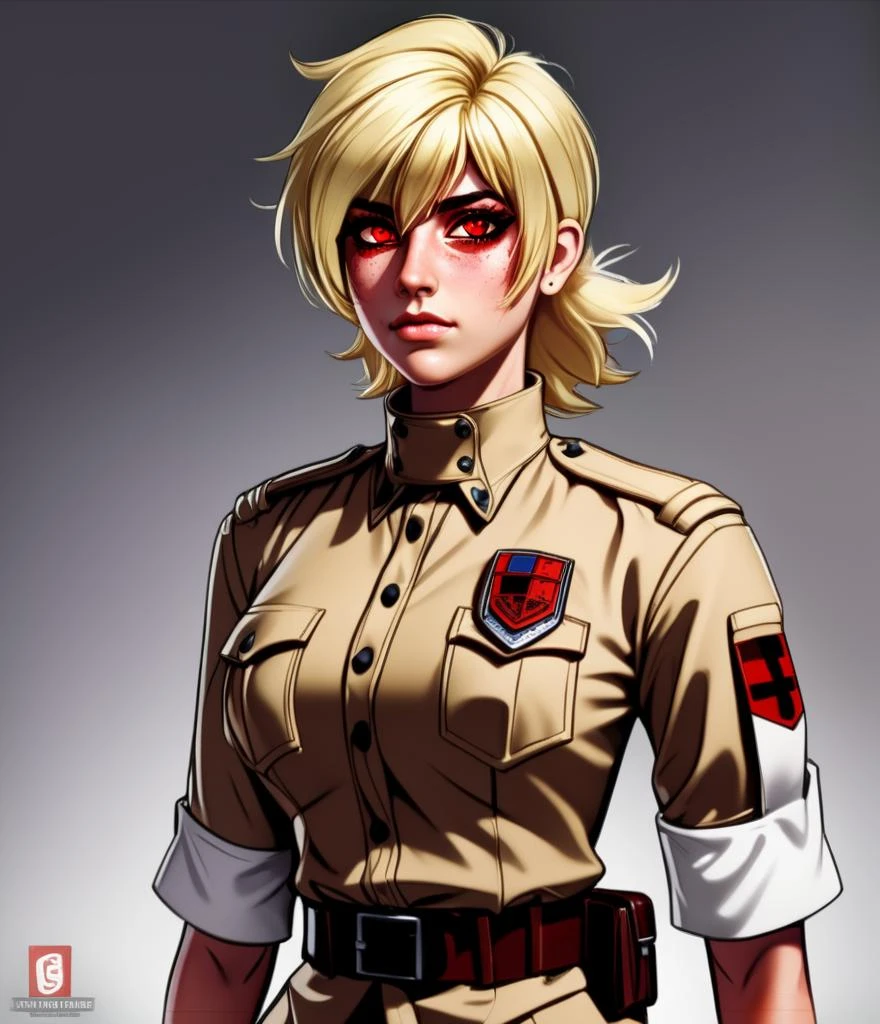 woman, serasvictoria, standing, (high quality, masterpiece), realistic, detailed, tan uniform, lineart, digital painting, fang, (gloves:0.7), sleeves rolled up, hand, hair over one eye, red eyes, messy hair, sleeves rolled up, (skirt:0.7), gloves, blonde, <lora:SerasVictoriaLoRAv02:0.9>