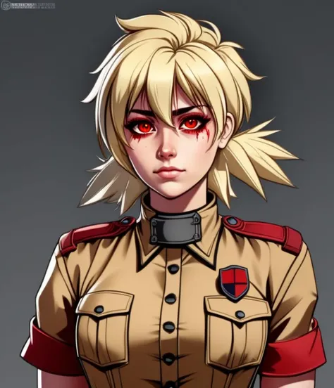 woman, serasvictoria, standing, (high quality, masterpiece), realistic, detailed, tan uniform,  lineart, digital painting, fang, (gloves:0.7), sleeves rolled up, hand, hair over one eye, red eyes, messy hair, sleeves rolled up, (skirt:0.7), gloves, blonde, <lora:SerasVictoriaLoRAv02:0.9>