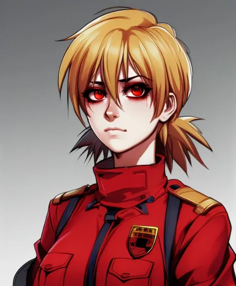 1girl, serasvictoria, standing, (high quality, masterpiece), realistic, detailed, red uniform, lineart, digital painting, fang, (gloves:0.7), sleeves rolled up, hand, hair over one eye, red eyes, messy hair, <lora:SerasVictoriaLoRAv02:1>, street, full body, hand on hip, contrapposto
