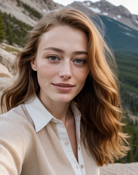 close portrait selfie of ErinSD15 looking directly into the camera and wearing a loose button_down blouse on a windy day, outdoors at Rocky Mountain National park on a cliff overlooking a valley, lips parted and hair blowing in the wind, extremely detailed skin texture, 24mm, 4k textures, adobe lightroom, photolab, elegant, highly detailed, sharp focus, natural warm even lighting, soothing tones, insane details, intricate details, hyperdetailed, exposure blend, golden hour, mouth slightly open, shy half smile, eye contact, holding camera up