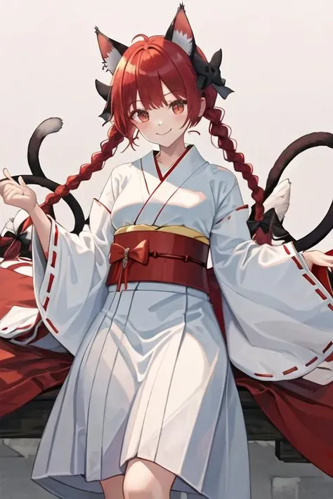 best quality, masterpiece, highres, solo, {white kimono:1.35}, {red hakama:1.35}, {wide sleeves:1.20}, {kaenbyou_rin_touhou:1.15}, animal_ears, cat_ears, red_hair, red_eyes, bow, braid, twin_braids, hair_bow, long_hair, smile, extra_ears, tail, cat_tail, bangs, multiple_tails, black_bow, ribbon