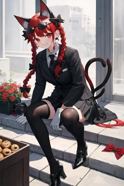 best quality, masterpiece, highres, solo, {black business suit:1.40}, {tie:1.20}, {sunglasses:1.25}, {white gloves:1.15}, {white shirt:1.10}, {black skirt:1.15}, {smoking:1.20}, handsome, {kaenbyou_rin_touhou:1.15}, animal_ears, cat_ears, red_hair, red_eyes, bow, braid, twin_braids, hair_bow, long_hair, smile, extra_ears, tail, cat_tail, bangs, multiple_tails, black_bow, ribbon