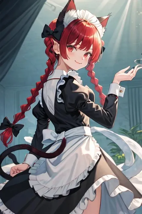 best quality, masterpiece, highres, solo, {maid:1.40}, {long maid dress:1.15}, {kaenbyou_rin_touhou:1.15}, animal_ears, cat_ears, red_hair, red_eyes, bow, braid, twin_braids, hair_bow, long_hair, smile, extra_ears, tail, cat_tail, bangs, multiple_tails, black_bow, ribbon