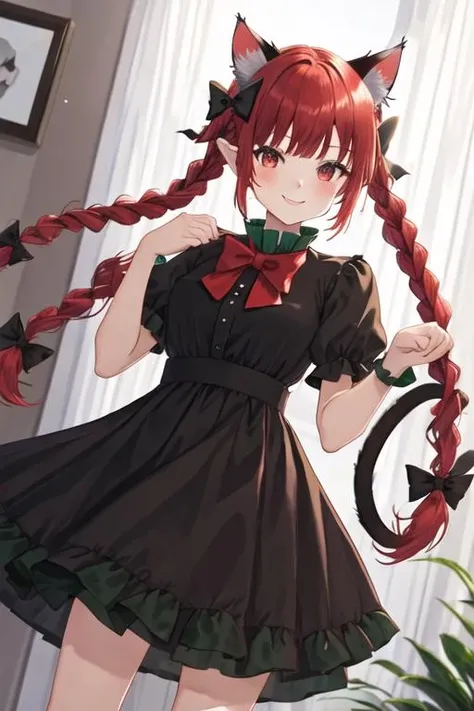 best quality, masterpiece, highres, solo, {kaenbyou_rin_touhou:1.15}, animal_ears, cat_ears, red_hair, red_eyes, bow, braid, twin_braids, hair_bow, long_hair, smile, extra_ears, tail, cat_tail, bangs, multiple_tails, black_bow, ribbon, 1girl, dress, looking_at_viewer, twintails