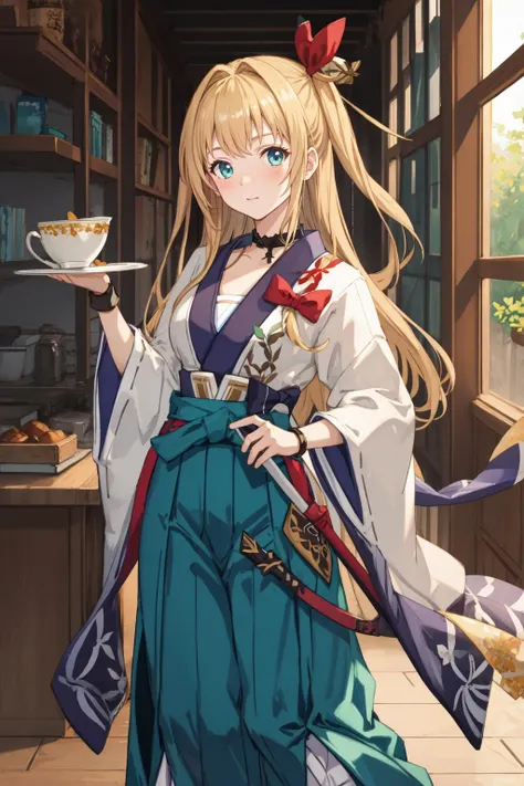 masterpiece, best quality,1girl, <lora:Mirin-30:1>,mir1nsd, white kosode, green hakama, sarashi, red ribbon, hair ornament, black choker, black gauntlets, boots