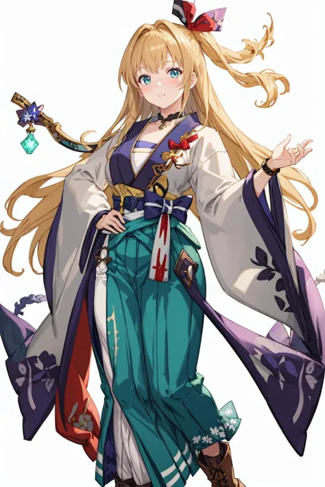 masterpiece, best quality,1girl, <lora:Mirin-30:1>,mir1nsd, white kosode, green hakama, sarashi, red ribbon, hair ornament, black choker, black gauntlets, boots