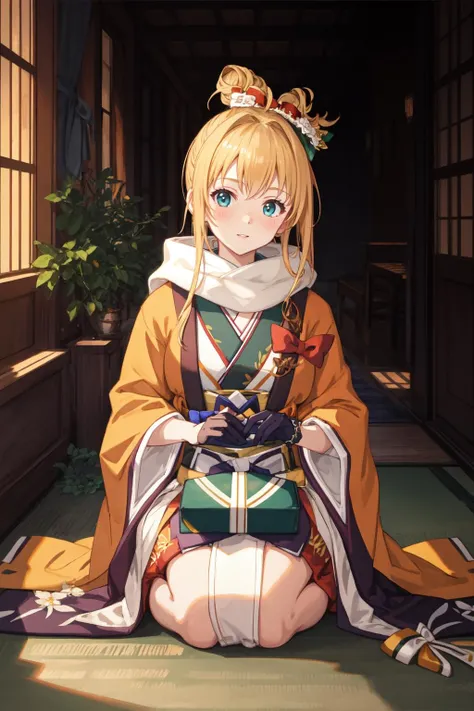 Masterpiece grade, Highest image quality, Ultra-detailed 8K, Realistic, （Photorealistic, Original, Clear focal length:1.4), Refreshing details, A striking face, Detailed background, Beautiful 18 year old Japanese woman, Half-squat position, golden yellow hair, Smiling。