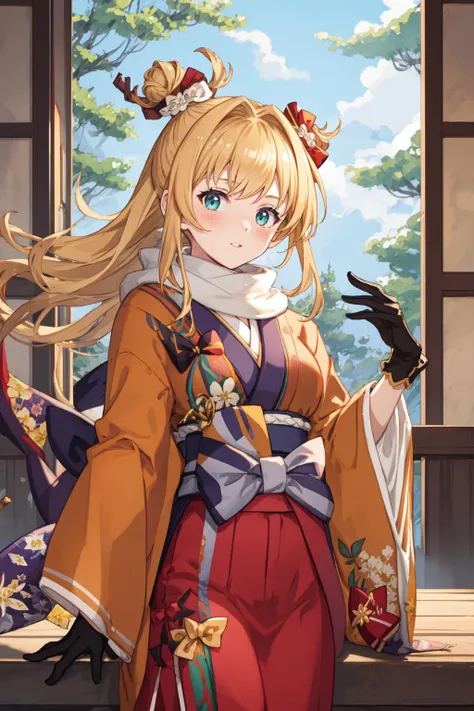 masterpiece, best quality,1girl, <lora:Mirin-30:1>,mir1ny, hair ornament, green kosode, yellow kimono, orange hakama, black gloves, gray scarf, red bow, single hair bun